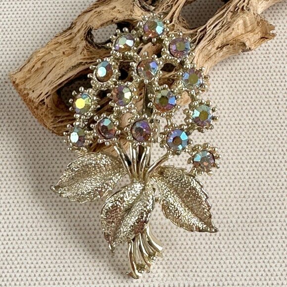 Vintage Silver Tone Flower Bouquet Brooch W/ Aurora Borealis Rhinestones - Picture 1 of 3